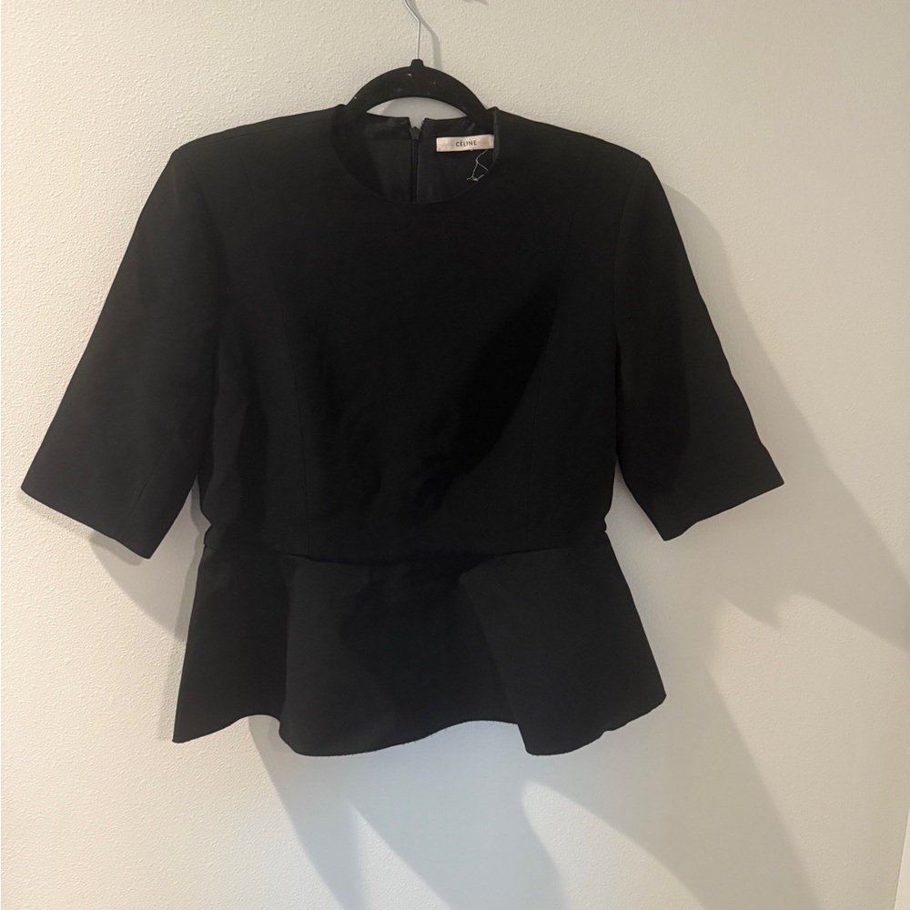 Celine Women's 8 Black Peplum Top Viscose Acetate Blend Short Sleeve Elegant‎ - Picture 5 of 5
